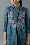 Buy_Oja_Blue Shrim Linen Embroidered Thread Shirt Collar Floral Bead Tunic With Pant _Online_at_Aza_Fashions