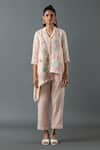 Buy_Oja_Pink Shrim Linen Embroidered Thread Lapel Asymmetric Shirt Tunic With Pant _at_Aza_Fashions