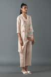 Oja_Pink Shrim Linen Embroidered Thread Lapel Asymmetric Shirt Tunic With Pant _Online_at_Aza_Fashions