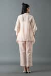 Shop_Oja_Pink Shrim Linen Embroidered Thread Lapel Bead Asymmetric Shirt With Pant _at_Aza_Fashions