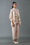 Oja_Pink Shrim Linen Embroidered Thread Lapel Bead Asymmetric Shirt With Pant _Online_at_Aza_Fashions