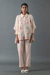 Buy_Oja_Pink Shrim Linen Embroidered Thread Lapel Collar Asymmetric Shirt With Pant _at_Aza_Fashions