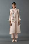 Buy_Oja_Pink Shrim Linen Embroidered Thread Shirt Collar Bead Tunic With Pant _at_Aza_Fashions