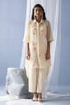 Buy_Oja_Ivory Japanese Quash Embroidered Thread Tunic Shirt Floral High-low With Pant _at_Aza_Fashions