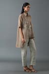 Oja_Brown Japanese Quash Embroidered Thread Tunic Shirt Floral High-low With Pant _Online_at_Aza_Fashions