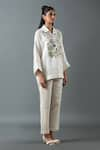 Oja_Ivory Shrim Linen Embroidery Mirror Collar Floral Shirt And Pant Set _Online_at_Aza_Fashions