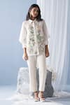 Buy_Oja_Ivory Shrim Linen Embroidery Mirror Collar Floral Draped Shirt And Pant Set _at_Aza_Fashions