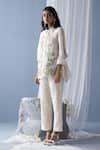 Oja_Ivory Shrim Linen Embroidery Mirror Collar Floral Draped Shirt And Pant Set _Online_at_Aza_Fashions