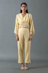 Buy_Oja_Yellow Shrim Linen Embroidery Sequin V Neck Gota Blouse And Pant Set _at_Aza_Fashions