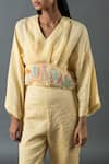 Buy_Oja_Yellow Shrim Linen Embroidery Sequin V Neck Gota Blouse And Pant Set _Online_at_Aza_Fashions