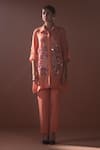 Buy_Oja_Orange Shrim Linen Embroidery Mirror Collar Shirt Tunic And Pant Set _at_Aza_Fashions