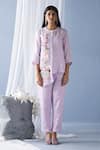 Buy_Oja_Purple Shrim Linen Embroidery Mirror Mandarin Sequin Stripe Shirt And Pant Set _at_Aza_Fashions