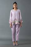 Buy_Oja_Purple Shrim Linen Embroidery Mirror Round Thread Border Top And Pant Set _at_Aza_Fashions