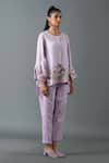 Oja_Purple Shrim Linen Embroidery Mirror Round Thread Border Top And Pant Set _Online_at_Aza_Fashions