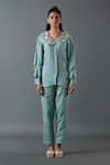 Buy_Oja_Blue Shrim Linen Woven Mirror Collar Ruffle Sleeve Embroidered Top And Pant Set _at_Aza_Fashions