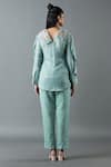 Shop_Oja_Blue Shrim Linen Woven Mirror Collar Ruffle Sleeve Embroidered Top And Pant Set _at_Aza_Fashions