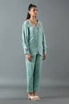 Oja_Blue Shrim Linen Woven Mirror Collar Ruffle Sleeve Embroidered Top And Pant Set _Online_at_Aza_Fashions