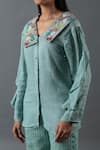 Buy_Oja_Blue Shrim Linen Woven Mirror Collar Ruffle Sleeve Embroidered Top And Pant Set _Online_at_Aza_Fashions