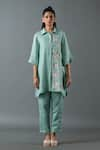 Buy_Oja_Blue Shrim Linen Embroidery Resham Collar Gota Shirt Tunic And Pant Set _at_Aza_Fashions