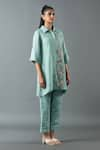 Oja_Blue Shrim Linen Embroidery Resham Collar Gota Shirt Tunic And Pant Set _Online_at_Aza_Fashions