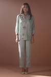 Buy_Oja_Blue Shrim Linen Embroidery Mirror V Neck Placket Top And Pant Set _at_Aza_Fashions