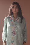 Oja_Blue Shrim Linen Embroidery Mirror V Neck Placket Top And Pant Set _Online_at_Aza_Fashions