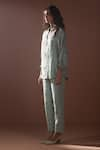 Shop_Oja_Blue Shrim Linen Embroidery Mirror V Neck Placket Top And Pant Set _Online_at_Aza_Fashions