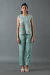 Buy_Oja_Blue Shrim Linen Embroidery Mirror Round Top And Pant Set _at_Aza_Fashions