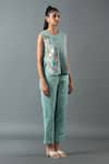 Oja_Blue Shrim Linen Embroidery Mirror Round Top And Pant Set _Online_at_Aza_Fashions