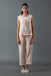 Buy_Oja_Pink Shrim Linen Embroidery Mirror Round Threadwork Top And Pant Set _at_Aza_Fashions