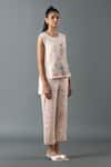 Oja_Pink Shrim Linen Embroidery Mirror Round Threadwork Top And Pant Set _Online_at_Aza_Fashions