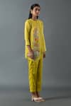 Oja_Green Shrim Linen Embroidery Mirror Mandarin Collar Kurta And Pant Set _Online_at_Aza_Fashions