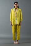 Buy_Oja_Green Shrim Linen Embroidery Mirror Collar Placket Shirt And Pant Set _at_Aza_Fashions