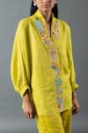 Buy_Oja_Green Shrim Linen Embroidery Mirror Collar Placket Shirt And Pant Set _Online_at_Aza_Fashions