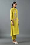 Oja_Green Shrim Linen Embroidery Mirror Collar Thread Work Kurta And Pant Set _Online_at_Aza_Fashions