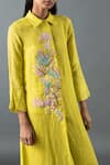 Buy_Oja_Green Shrim Linen Embroidery Mirror Collar Thread Work Kurta And Pant Set _Online_at_Aza_Fashions