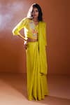 Buy_Oja_Yellow Shrim Linen Embroidery Mirror V Neck Sequin Woven Saree With Blouse _at_Aza_Fashions