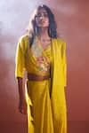 Oja_Yellow Shrim Linen Embroidery Mirror V Neck Sequin Woven Saree With Blouse _Online_at_Aza_Fashions