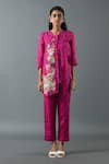 Buy_Oja_Magenta Shrim Linen Embroidery Mirror Mandarin Asymmetric Shirt And Pant Set _at_Aza_Fashions