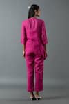 Shop_Oja_Magenta Shrim Linen Embroidery Mirror Mandarin Asymmetric Shirt And Pant Set _at_Aza_Fashions