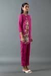 Oja_Magenta Shrim Linen Embroidery Mirror Mandarin Asymmetric Shirt And Pant Set _Online_at_Aza_Fashions