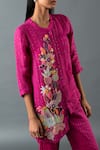 Buy_Oja_Magenta Shrim Linen Embroidery Mirror Mandarin Asymmetric Shirt And Pant Set _Online_at_Aza_Fashions