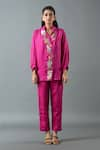 Buy_Oja_Magenta Shrim Linen Embroidery Mirror Collar Gota Work Shirt And Pant Set _at_Aza_Fashions