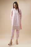 Buy_MONK & MEI BY SONIA ANAND_Pink Silk Woven Gul V Neck Brocade Kurta With Pant _at_Aza_Fashions