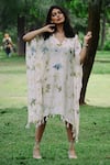 Buy_Jasmine Bains_Ivory Mulberry Silk Printed Floral Blossoms V Neck Kaftan _at_Aza_Fashions