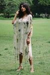 Shop_Jasmine Bains_Ivory Mulberry Silk Printed Floral Blossoms V Neck Kaftan _Online_at_Aza_Fashions