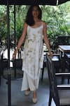 Shop_Jasmine Bains_Ivory Mulberry Silk Printed Foliage Round Asymmetric Dress _Online_at_Aza_Fashions