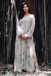 Buy_Jasmine Bains_Ivory Mulberry Silk Printed Eucalyptus Notched V Maxi Dress _at_Aza_Fashions