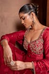 Enamour By Radha_Red Upada Silk Embroidered Sequin Sweetheart Zardozi Anarkali Pant Set _Online_at_Aza_Fashions