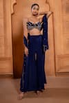 Buy_Enamour By Radha_Blue Velvet Embroidered Sequin Scoop Zardozi Bustier Sharara Set _at_Aza_Fashions